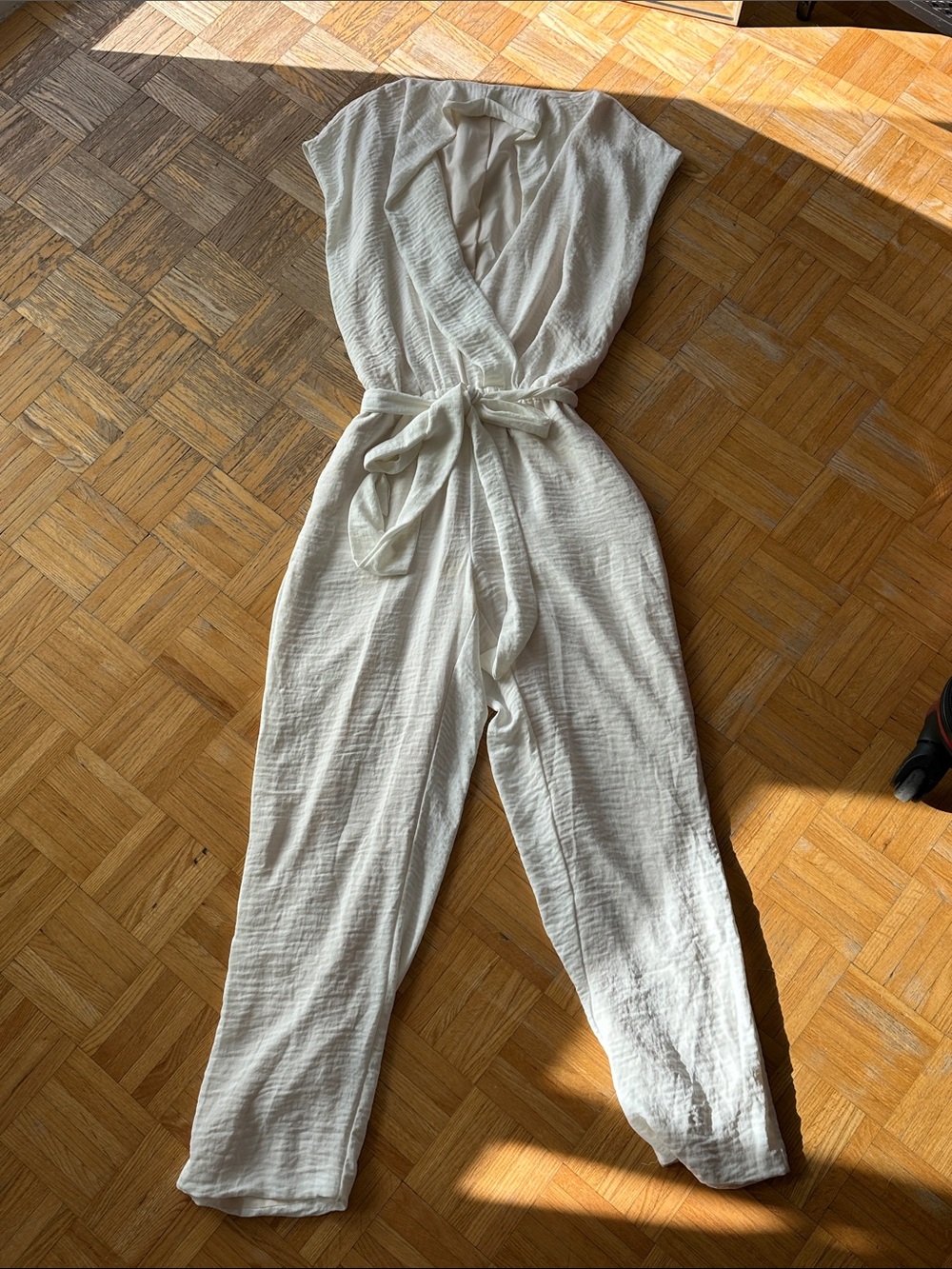Sleeveless Cream Wrap Jumpsuit with Self-Tie Waist